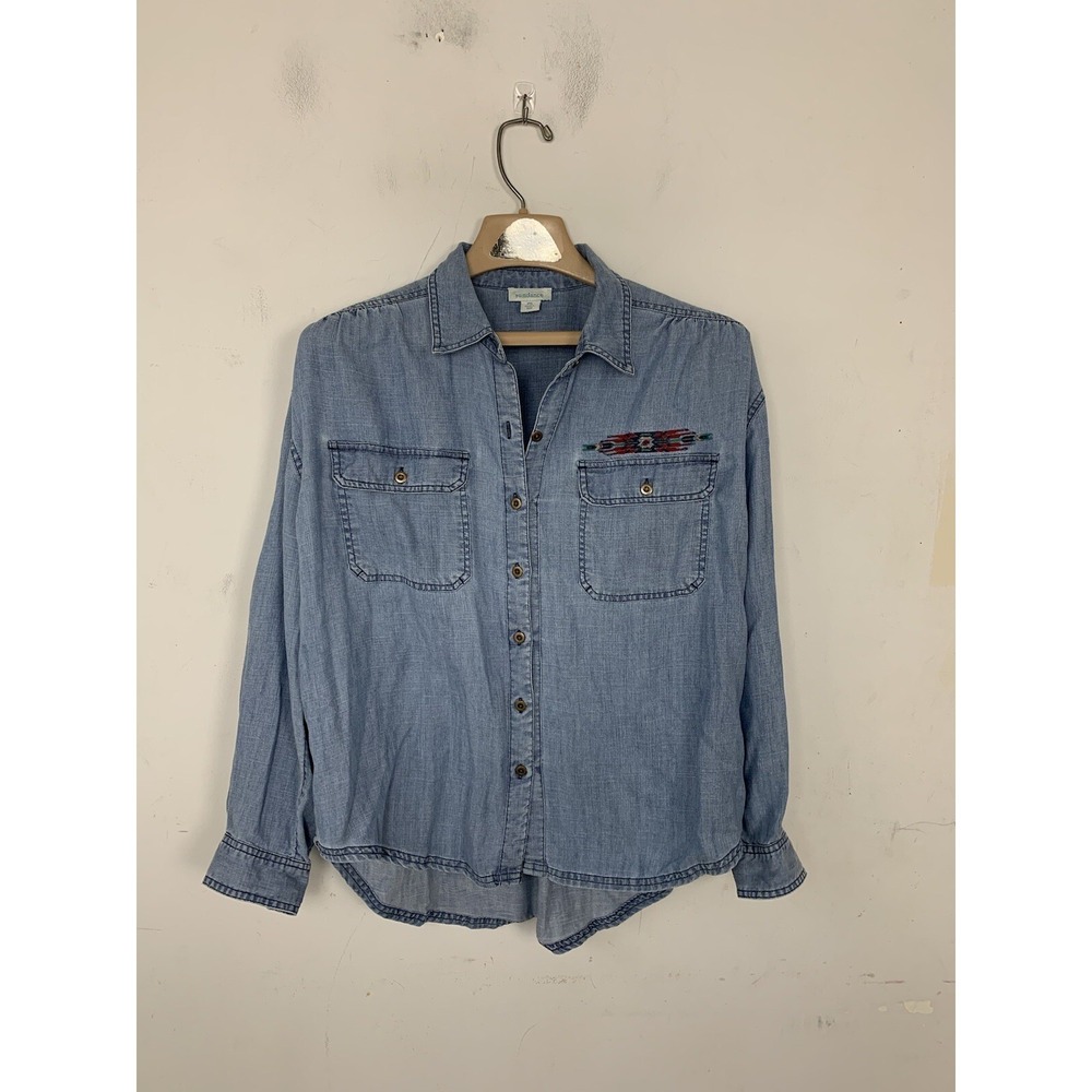 Sundance Women Shirt Small Aztec Linen Southwest Western Country Denim Chambray